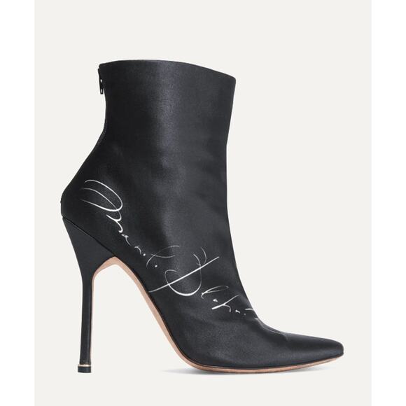 Manolo Blahnik + Vetements Printed Satin Ankle Boots In Black - Picture 1 of 16